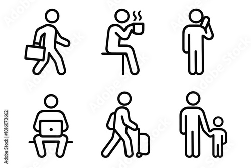 Daily Life Icons. Daily Life Set linear icon set: commuter figure, coffee drinker, phone user, laptop user, traveler with bag, parent with child