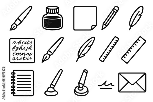 Calligraphy Tools Icons. Modern Calligraphy Tools linear icon set: brush pen, ink jar, paper sheet, pencil, alphabet guide, fountain pen, feather quill, ruler, signature line