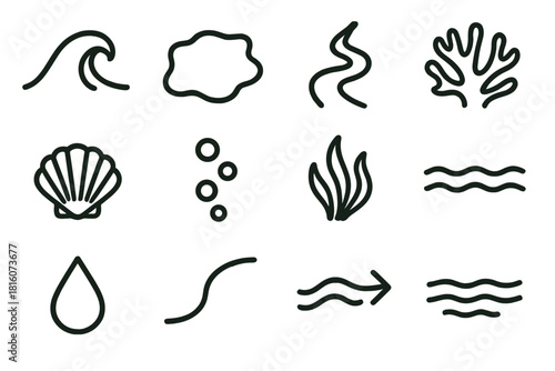 Aquatic Icon Collection. Aquatic Nature Symbols linear icon set: ocean wave, lake outline, river bend, coral silhouette, seashell, bubble trail, underwater plant, tide line