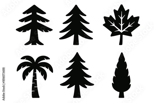 Brutalist Tree Icons. Tree Varieties Set silhouette icon set: cedar tree, spruce tree, maple tree, palm tree, fir tree, cypress tree