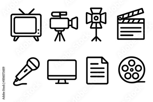 Television Production Icons. Television Production linear icon set. TV screen, camera, light stand, clapperboard, microphone, monitor, script, reel.