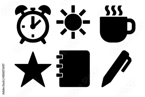 Morning Essentials Icons. New Day Fresh Start silhouette icon set. Alarm Clock, Sun, Coffee Cup, Notebook, Pen, Star.