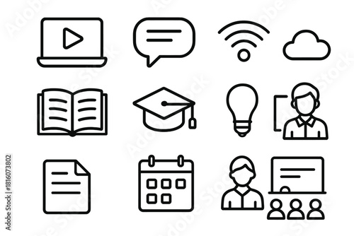 Online Learning Icons. Digital Online Classes linear icon set. laptop, video play button, chat bubble, wifi symbol, open book, graduation cap, cloud, document page, calendar