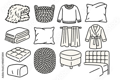 Cozy Textural Icons. Warm Textural Comfort linear icon set: faux fur throw, woven basket, knitted sweater, cotton cushion, wool blanket, velvet pillow, linen curtains, fleece robe