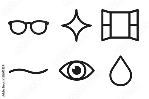 Clarity Icon Set. Clarity Symbols linear icon set: clear lens, shining spark, open window, crisp line, focused eye, bright droplet