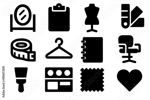 Brutalist Style Icons. Style consultation silhouette icon set. mirror, clipboard, mannequin, color palette, measuring tape, hanger, notebook, stylist chair, brush, makeup kit