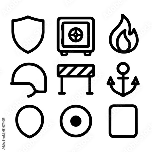 Icons of Security. Safety Protection linear icon set: guarded shield, safe clasp, boundary bar, steady flame, protective curve, firm anchor, security dot, stable panel