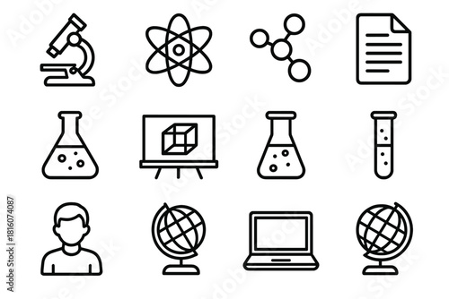 Science Lab Icons. Science Classroom linear icon set. microscope, atom, molecular model, lab flask, chalkboard, 3D cube, test tube, light bulb, laptop, document page, student icon