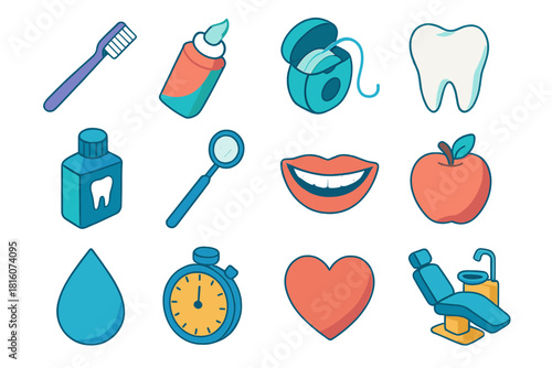 Dental Hygiene Icons. Dental Hygiene flat icon set: toothbrush, toothpaste, floss, tooth, mouthwash, mirror, smile, apple, drop, timer, heart, dentist chair