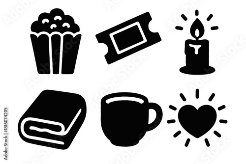Cozy Movie Night Icons. Cozy Screening silhouette icon set : popcorn bucket, movie ticket, warm blanket, candlelight, cup, heart glow