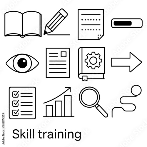Skill Training Icons. Skill Training linear icon set: open book, pencil line, practice sheet, progress bar, focused eye, structured notes, training manual, guided arrow, checklist