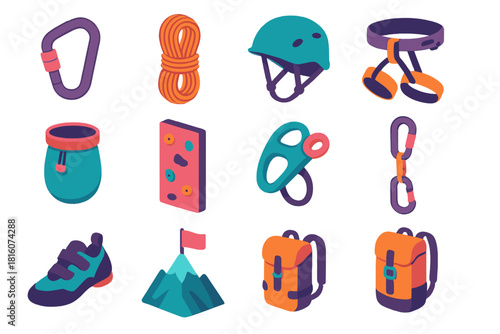 Climbing Gear Icons. Rock climbing flat icon set: carabiner, climbing rope, helmet, harness, chalk bag, rock wall, belay device, quickdraw, shoes, mountain peak, flag, backpack