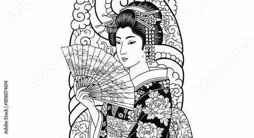 Elegant Geisha in Traditional Attire Holding a Fan.
