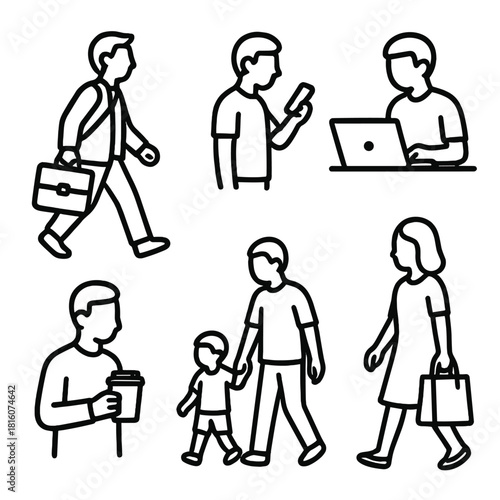 Daily Commuter Icons. Daily People Set linear icon set: commuter figure, phone user, laptop user, coffee drinker, parent with child, shopper
