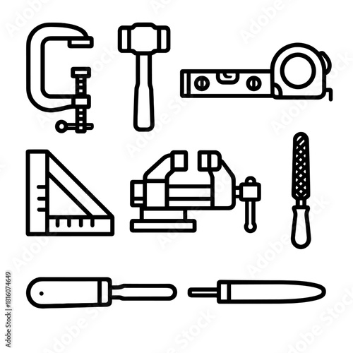 Outline Workshop Tools. Workshop tools set linear icon set: clamp, mallet, level, measuring tape, square ruler, bench vise, rasp, punch