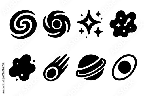 Galactic Icon Set. Galactic Elements silhouette icon set. galaxy swirl, black hole, star cluster, nebula, dust cloud, comet, planet, orbit path.