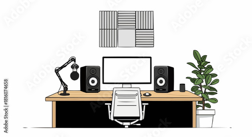 Modern Home Recording Studio Setup with Computer and Speakers.