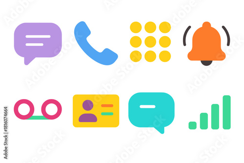 Modern Communication Icons. Phone Communication flat icon set: speech bubble, call icon, dial pad, ringing bell, voicemail symbol, contact card, chat bubble, signal bars