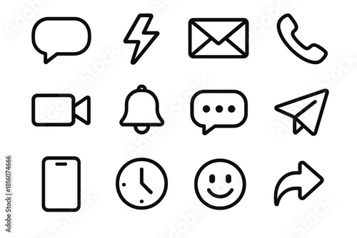 Modern Communication Icons. Instant Communication linear icon set. chat bubble, lightning bolt, message icon, phone call, video camera, notification bell, typing dots, paper plane