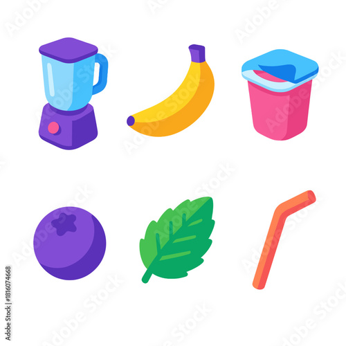 Smoothie Icons Collection. Smoothie Creations flat icons set. blender, banana, yogurt cup, berry, mint leaf, straw