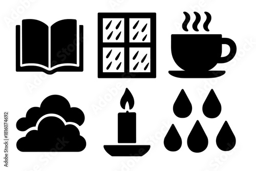 Brutalist Rain Icons. Peaceful Rainfall silhouette icon set: open book, window pane, tea cup, soft clouds, candlelight, calm drops