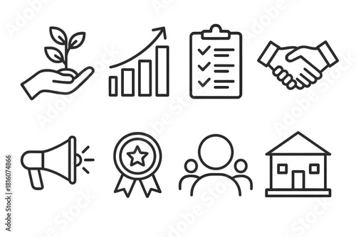 Organic Growth Icons. Organic growth strategies actions linear icon set: nurturing development, steady scaling, refining processes, building trust, expanding outreach, improving