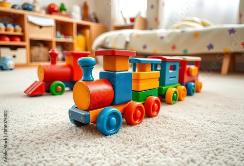 Wallpaper Mural Colorful wooden toy train on a carpeted floor in a child's room,  kids,  railway Torontodigital.ca