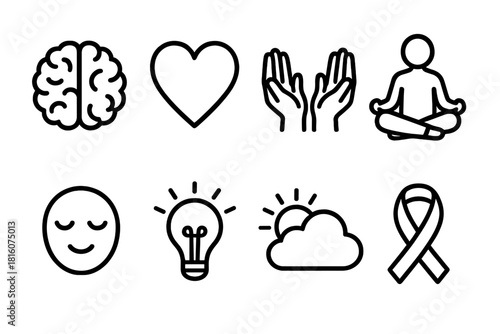 Emotional Wellbeing Icons. Emotional Wellbeing linear icon set: brain, heart, open hands, mindfulness pose, calm face, light bulb, cloud with sun, supportive ribbon