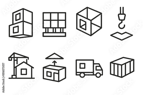 Modular Architecture Icons. Modern Modular Design linear icon set: modular units, foundation grid, 3D building plan, lifting hook, prefab housing, construction site, assembly