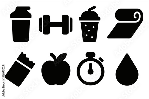 Brutalist Fitness Icons. Active Lifestyle silhouette icon set. shaker bottle, dumbbell, smoothie, yoga mat, protein bar, apple, stopwatch, water icon