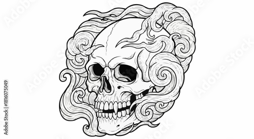Skull Surrounded by Swirling Smoke - A Macabre and Ethereal Illustration.