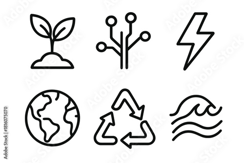 Clean Energy Icons. Clean Energy Future linear icon set: seedling, circuit, lightning bolt, earth, bio symbol, wave