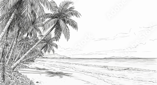 Detailed Sketch of Palm Trees on a Tropical Beach.