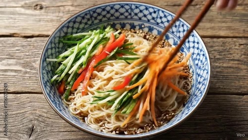 Liangpi Chinese cold noodles overhead chopsticks stirring mixing