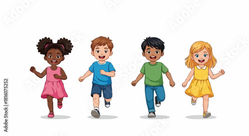 A group of happy multicultural children running forward together.