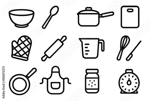Home Kitchen Icons. Home Kitchen linear icon set. mixing bowl, wooden spoon, saucepan, cutting board, oven mitt, rolling pin, measuring cup, whisk, frying pan, apron, spice jar
