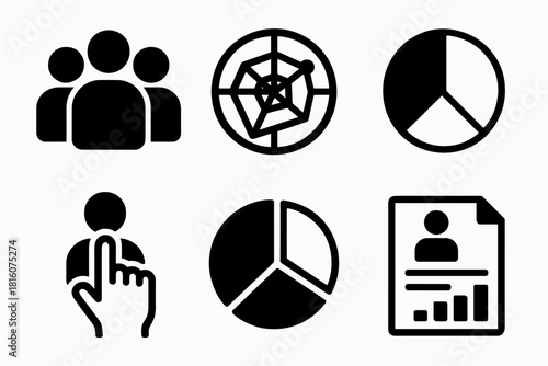 Brutalist Audience Icons. Audience segmentation silhouette icon set. user groups, radar chart, circle diagram, hand selecting person, pie sections, report paper.