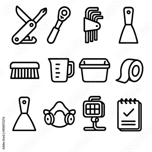 Household Tools Icon Set. General Household Tools Set linear icon set: multi-tool, ratchet, hex key set, putty knife, bristle brush, measuring cup, storage bin, repair tape, wall