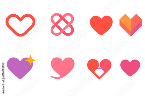 Modern Heart Icons. Valentine themes flat icon set: infinite heart loop, harmony knot, soft aura heart, geometric heart, love spark, delicate curve, connection symbol, affectionate