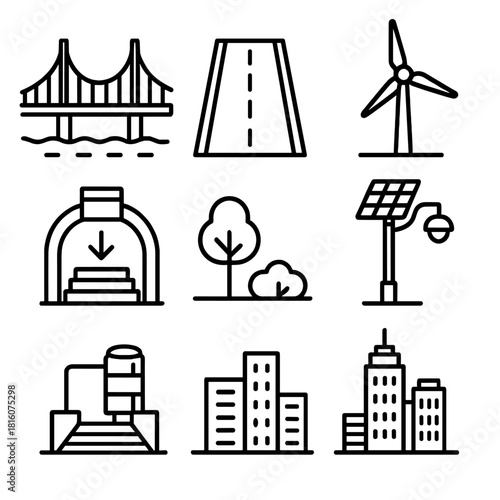 Modern Urban Infrastructure. Perfect civic infrastructure concept linear icon set: bridge, clean road, water plant, wind generator, solar light, subway entrance, green space