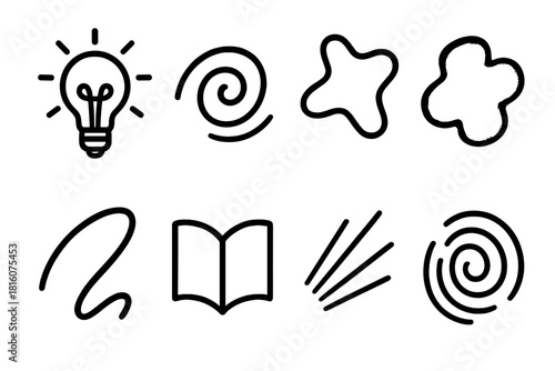 Creative Idea Icons. Imagination Flow linear icon set: lightbulb glow, swirling path, abstract shape, soft paint dab, expressive curve, open page, idea beam, motion ripple