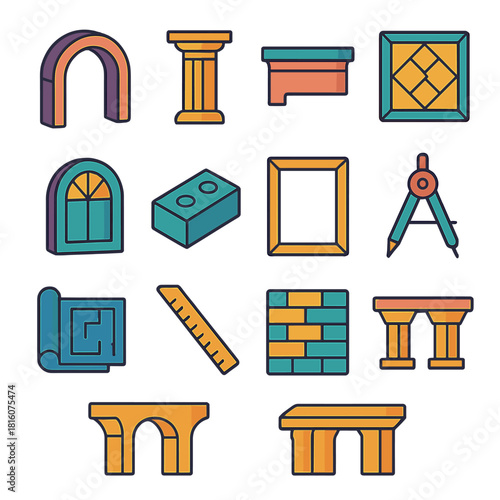 Isometric Architectural Icons. Architectural Arches flat icons set. archway, column, beam, ceiling pattern, window, stone block, frame, compass, blueprint, ruler, texture