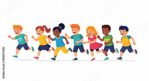 Diverse group of happy children running together in a playful race.
