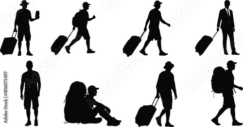 Silhouettes of male travelers, tourists, and businessmen, walking, standing, and resting, with luggage, suitcases, and large backpacks, representing adventure, travel, holidays, and transportation. 