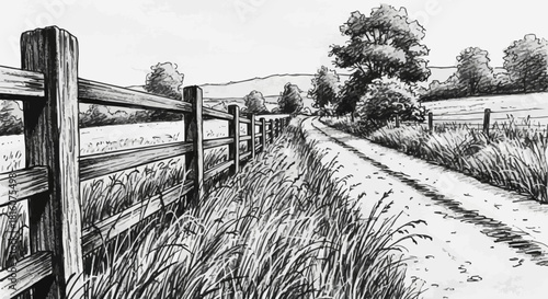 Detailed ink drawing of a rustic wooden fence and tall grass.