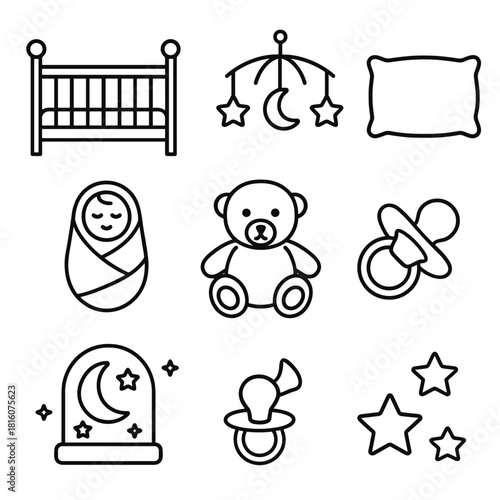 Newborn Sleep Essentials. Newborn sleep care concept linear icon set: crib, baby blanket, mobile, pillow, nightlight, teddy bear, pacifier, stars