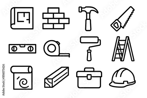 Construction Tool Icons. Construction & Homebuilding Icons linear icon set: blueprint, brick, hammer, saw, level tool, tape measure, paint roller, ladder, insulation roll, wooden