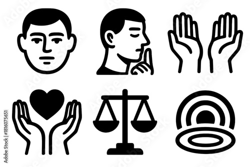 Emotional Icon Set. Emotional Patience Set silhouette icon set: composed face, thoughtful pause, open hands, warm heart, balanced scale, soothing ripple