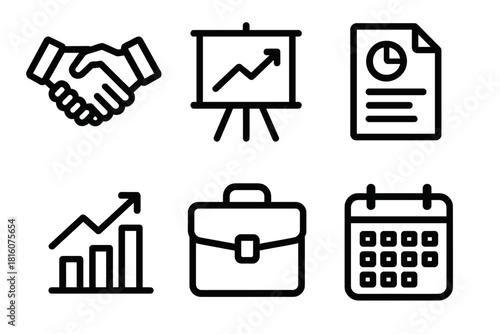 Business Icons in Outline. Business negotiation table linear icon set. handshake, briefcase, chart board, document chart, bar graph, calendar.