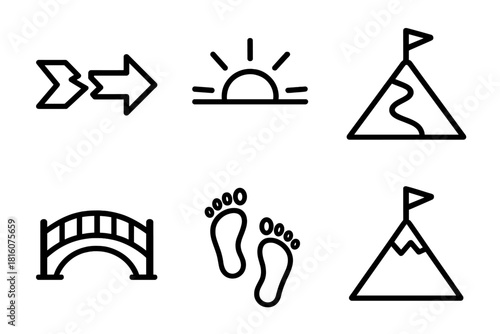 Icons of Resilience Journey. Resilience Journey linear icon set. broken arrow, rising sun, mountain path, bridge, flag at peak, footprints